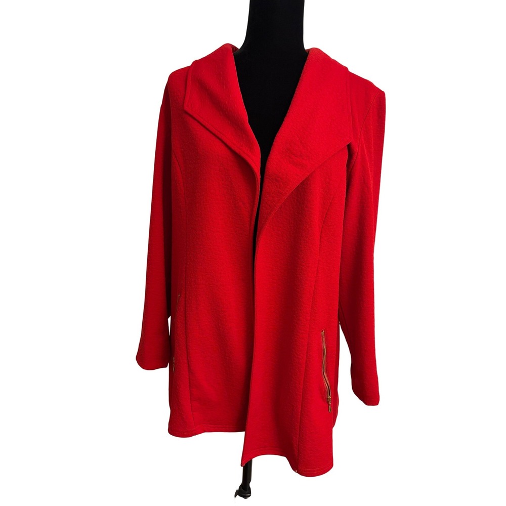Chicos Red Open Front Textured Jacket Gold Zip Pockets Size 2 Large Business